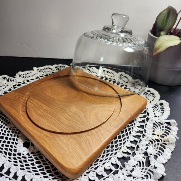 Arc France Cheese Board Maple or Ash with Clear Glass Cloche Dome Cover Vintage - Picture 11 of 12